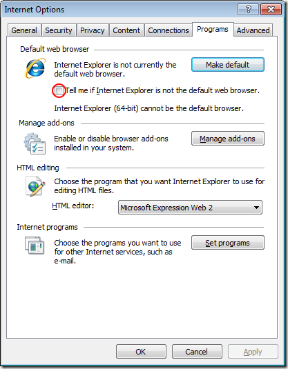 Disable IE8 Default Web Browser Check Alerts